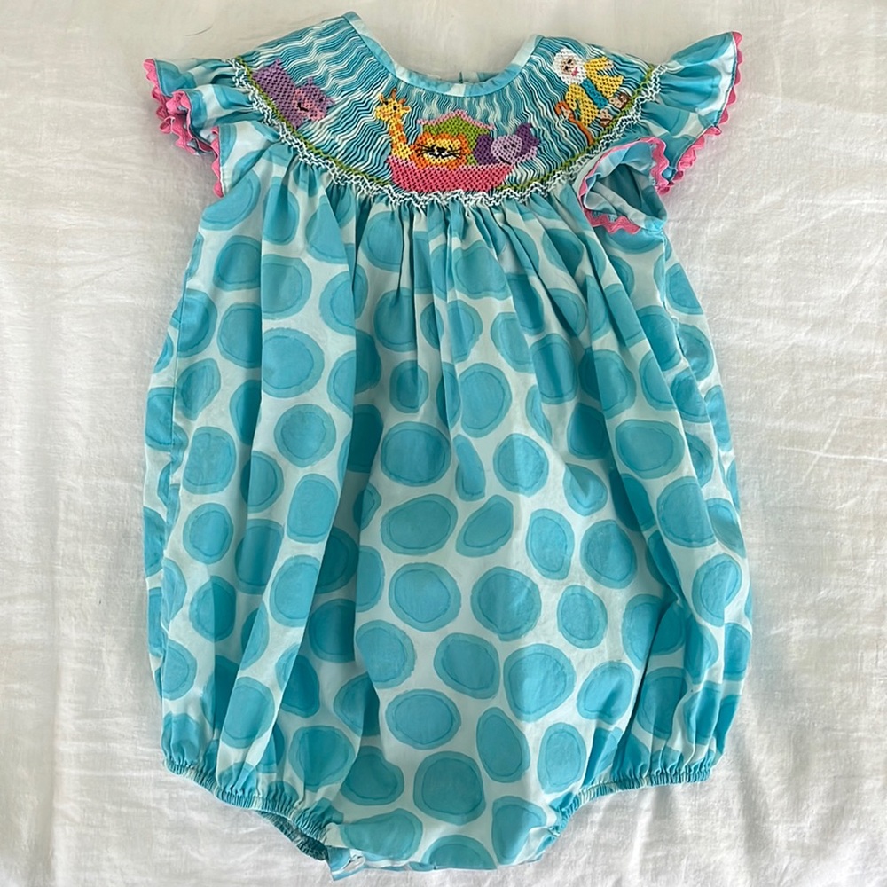 Noah’s Ark Blue Teal White Baby Girl Smocked Bubble Romper - Anavini 12mo